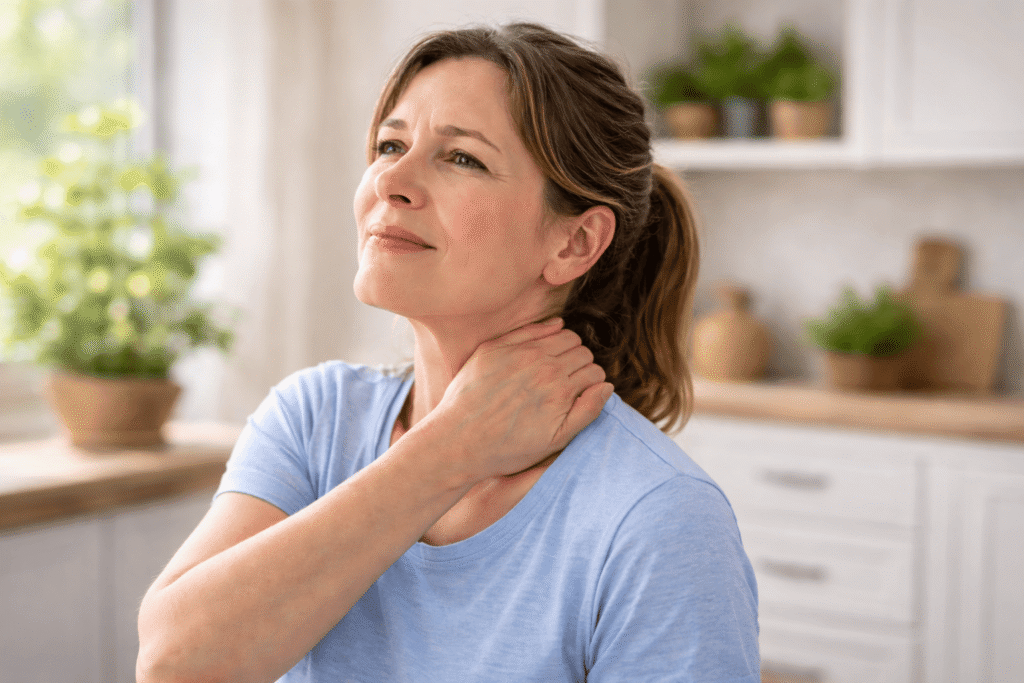 만성 피로와 통증을 유발하는 만성 염증 원인으로 뒷목을 잡고 피로해하는 사람의 모습