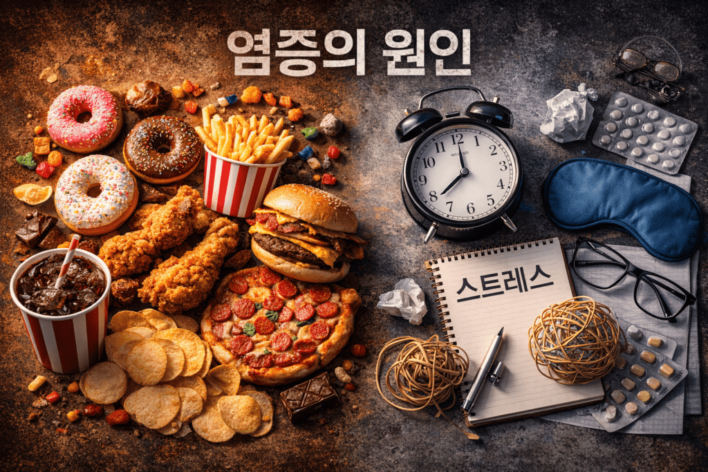 내 몸을 망치는 만성 염증 원인이 되는 가공식품과 당독소, 수면 부족을 나타내는 이미지