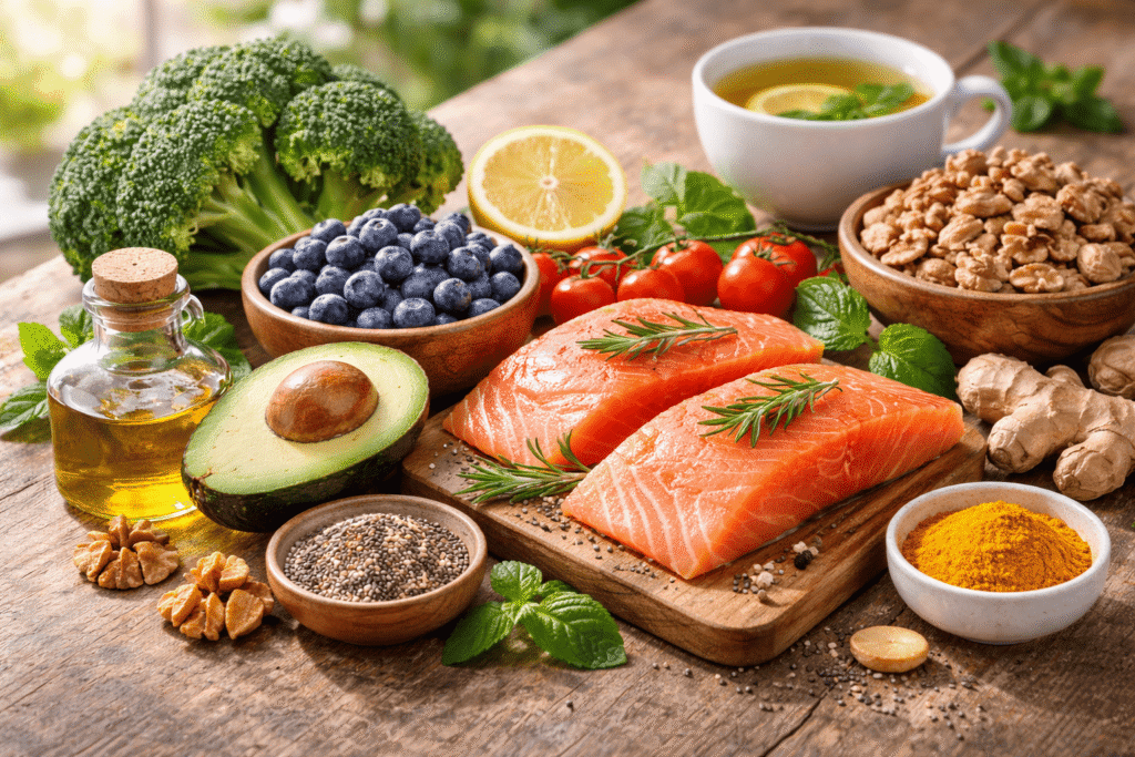 만성 염증 수치를 낮추는 데 도움을 주는 연어, 브로콜리 등 신선한 천연 항염 음식 식재료