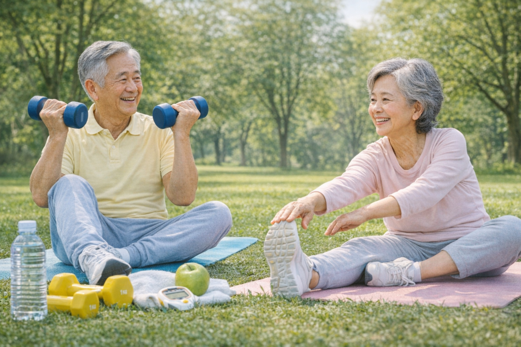 노부부가 운동을 하고 있다.